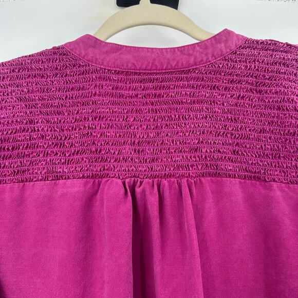 Anthropologie Cloth & Stone smocked Magenta Pink Long Sleeve Button Tencel Top - Picture 7 of 13